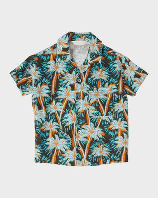 Boy's Palm Trees-Print Bowling Shirt, Size 4-12