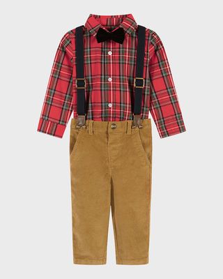 Boy's Plaid Flannel Button Down W/ Suspenders Set, Size Newborn-24M