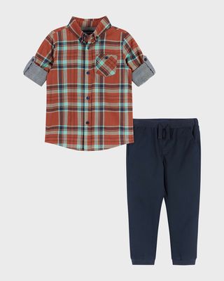 Boy's Plaid-Print Button Down Shirt & Joggers Set, Size 2T-8
