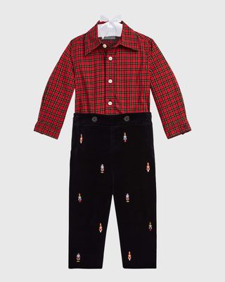 Boy's Plaid-Print Shirt & Embroidered Velvet Pants Set, Size 9M-24M