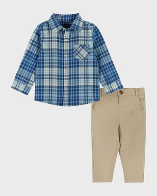 Boy's Plaid Ultra Soft Button Down Shirt & Pants Set, Size Newborn-24M