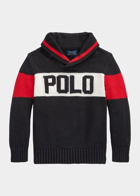 Boy's Polo Intarsia Shawl Collared Sweater, Size 5-7