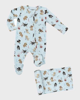 Boy's Puppy-Print Footie and Blanket Set, Size Newborn-9M