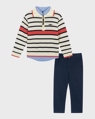 Boy's Quarter Zip Striped Sweater, Shirt & Pants Set, Size 2-7