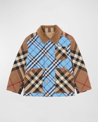 Boy's Renfred Mixed Check-Print Quilted Jacket, Size 3-14