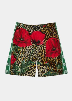 Boy's Rose & Leopard-Print Logo Tape Swim Shorts, Size 4-6