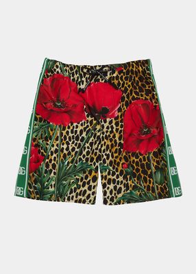 Boy's Rose & Leopard-Print Logo Tape Swim Shorts, Size 8-12