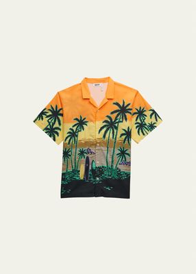 Boy's Rui Palm Tree-Print Button Down Shirt, Size 3T-12