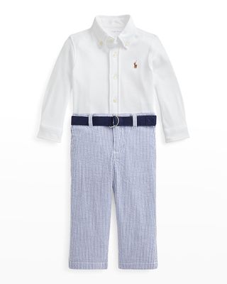 Boy's Solid Shirt With Striped Pants, Size 3M-24M