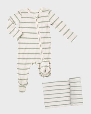 Boy's Stripe 2-Way Zipper Footie and Blanket Set, Size Newborn-9M
