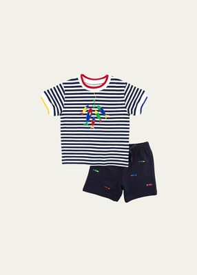 Boy's Striped Knit Shirt with Fish and Navy Shorts