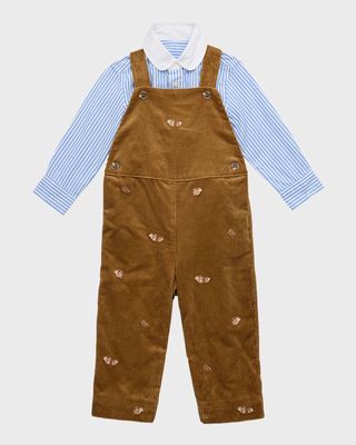 Boy's Striped Shirt & Corduroy Embroidered Overalls Set, Size 9M-24M
