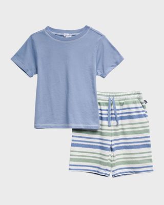 Boy's Surfs Up T-Shirt W/ Striped Shorts Set, Size 2-6