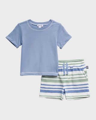 Boy's Surfs Up T-Shirt W/ Striped Shorts Set, Size 3M-24M