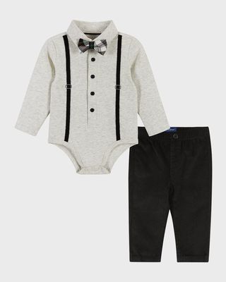 Boy's Suspenders Bodysuit & Pants Set, Size Newborn-24M