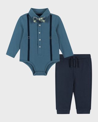 Boy's Suspenders Bodysuit & Sweatpants Set, Size Newborn-24M