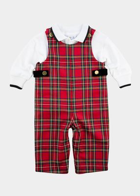 Boy's Tartan Plaid Overalls W/ Long Sleeve Polo Shirt, Size 6M-24M