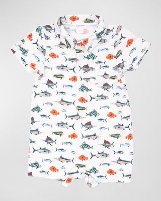 Boy's Tropical Ocean Fish Print Shortall, Size 3M-24M