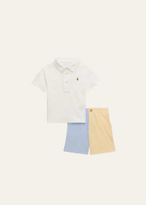 Boy's Two-Piece Embroidered Polo Shirt W/ Colorblocked Shorts, Size 3M-24M