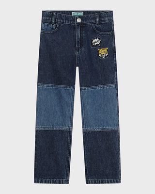 Boy's Two-Tone Denim Jeans with Tiger Comic Patches, Size 4-12