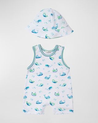 Boy's Watercolor Whales Sleeveless Playsuit and Sunhat Set, Size 3M-24M