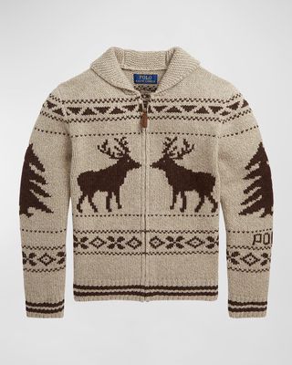 Boy's Wool Blend Reindeer & Pine Printed Sweater, Size S-XL
