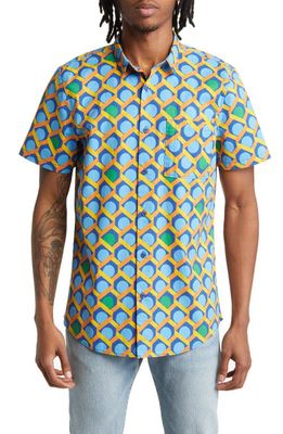 BP. Checkers Print Short Sleeve Stretch Poplin Shirt in Blue Dazzle Yellow Checkers