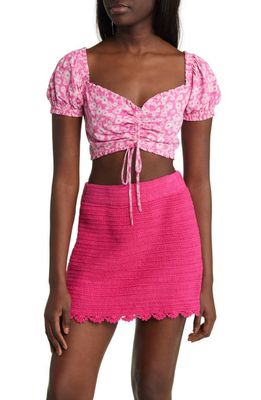 BP. Cinch Front Puff Sleeve Crop Top in Pink Windy Daisy