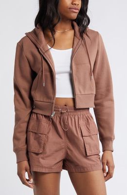 BP. Crop Cotton Blend Zip-Up Hoodie in Brown Topaz