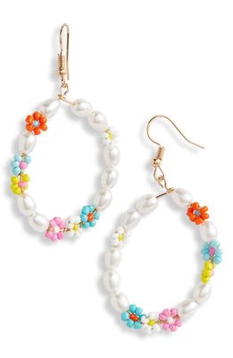 BP. Floral Beaded Circle Drop Earrings in Gold- White Multi