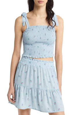 BP. Floral Print Smocked Tie Strap Crop Camisole in Blue Grounded Floral