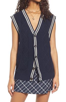 BP. Oversize Cable Knit Cotton Blend Vest in Navy Blazer