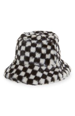 BP. Print Faux Fur Bucket Hat in Check- Black- White