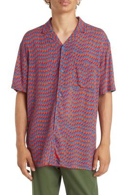 BP. Print Short Sleeve Button-Up Camp Shirt in Orange- Blue Diamond Checker