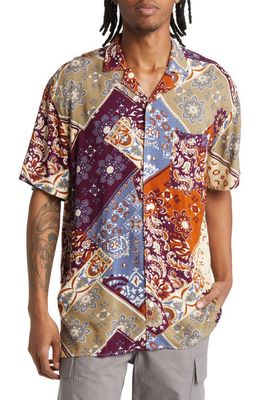 BP. Short Sleeve Button-Up Camp Shirt in Tan- Multi Tapestry Collage