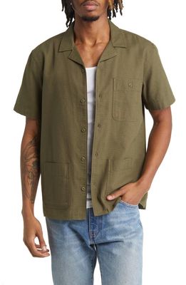 BP. Short Sleeve Canvas Button-Up Shirt in Olive Night