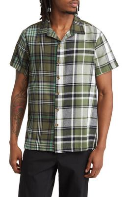 BP. Splice Plaid Short Sleeve Camp Shirt in Olive Spliced Plaid Combo