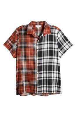 BP. Splice Plaid Short Sleeve Camp Shirt in Rust- Black Splice Plaid