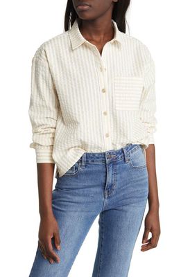BP. Stripe Cotton Blend Seersucker Shirt in Ivory Pinstripe