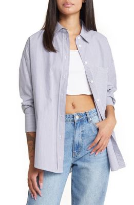 BP. Stripe Oversize Cotton Button-Up Shirt in Blue Shadow Stripe