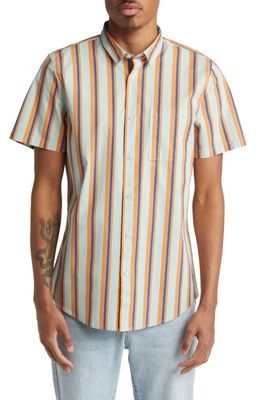 BP. Stripe Stretch Short Sleeve Button-Up Shirt in Teal- Orange Desert Stripe