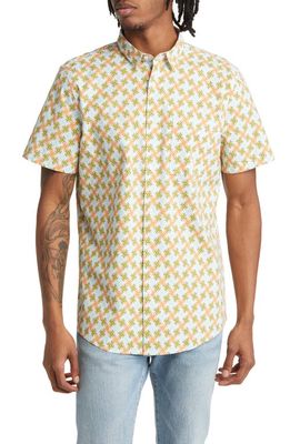 BP. Sunpatch Print Short Sleeve Stretch Poplin Button-Up Shirt in Teal Cool- Orange Sunpatch