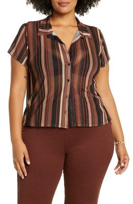 BP. Women's Mesh Short Sleeve Button-Up Shirt in Brown- Black Multi Stripe