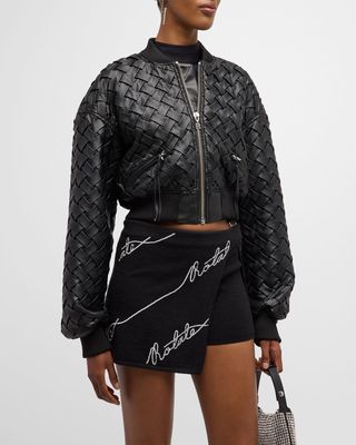 Braided Faux-Leather Cropped Bomber Jacket