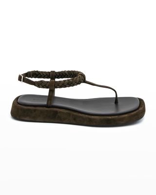 Braided Suede Thong Slingback Sandals, Brown