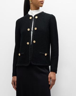 Braided-Trim Button-Front Tweed Jacket