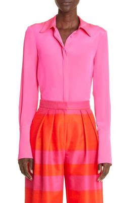 Brandon Maxwell Contrast French Cuff Silk Blouse in Pink Glo
