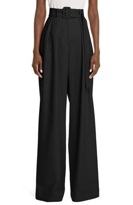 Brandon Maxwell High Waist Belted Stretch Wool Pants in Black