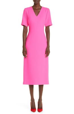 Brandon Maxwell Megan V-Neck Wool Crepe Sheath Dress in Pink Glo