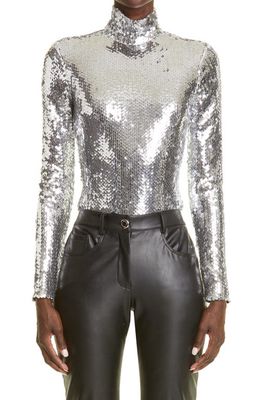 Brandon Maxwell Mirror Paillette Turtleneck Bodysuit in Silver